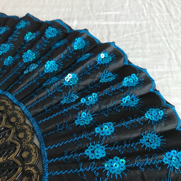 Turquoise Sequined Hand Fan - Picture 2 of 2